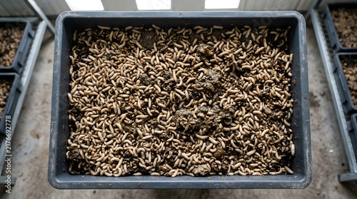 Top view of plastic container filled with mass black soldier fly larvae in farm