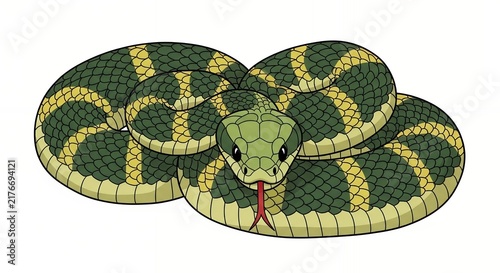Coiled Green and Yellow Snake Illustration with Detailed Scale Patterns and Red Flicking Tongue Graphic
