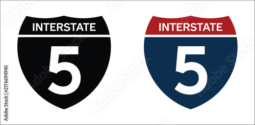 Interstate 5 highway road sign, American freeway route shield symbol for transportation, navigation, travel and road infrastructure design