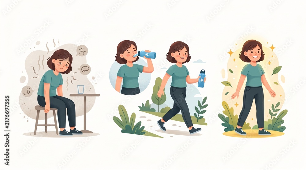 Fototapeta premium Healthy lifestyle transformation steps showing woman exercising and drinking water
