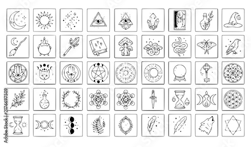 Boho Witch Magic Mystical Symbols Tarot Celestial Thin Line Editable Vector Set