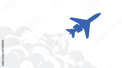 Canvas Print Two blue fighter jets flying through clouds with smoke trails.