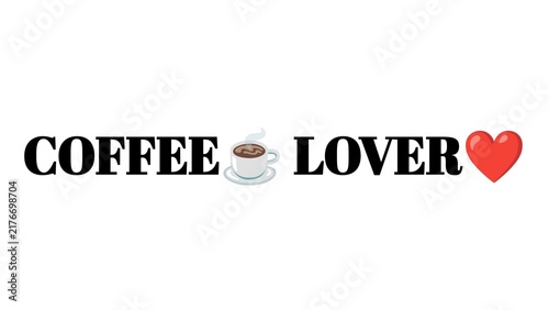 Coffee Lover text design with a cup icon and red heart symbol on a white background.