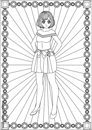 anime girl doing photo pose coloring page vector line art design