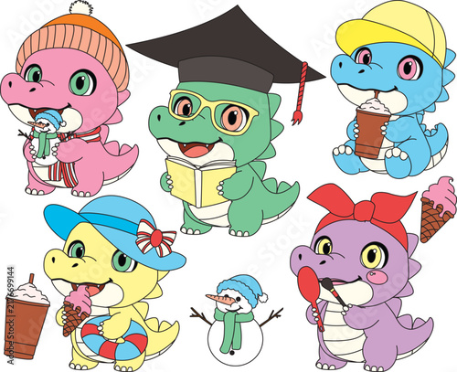 set of cartoon crocodile with various activity vector design