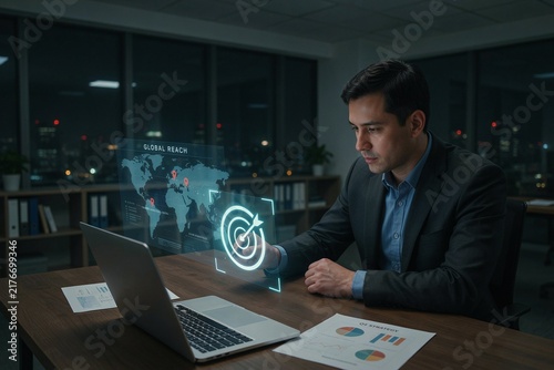 Professional businessman using futuristic hologram data interface in a dark modern office