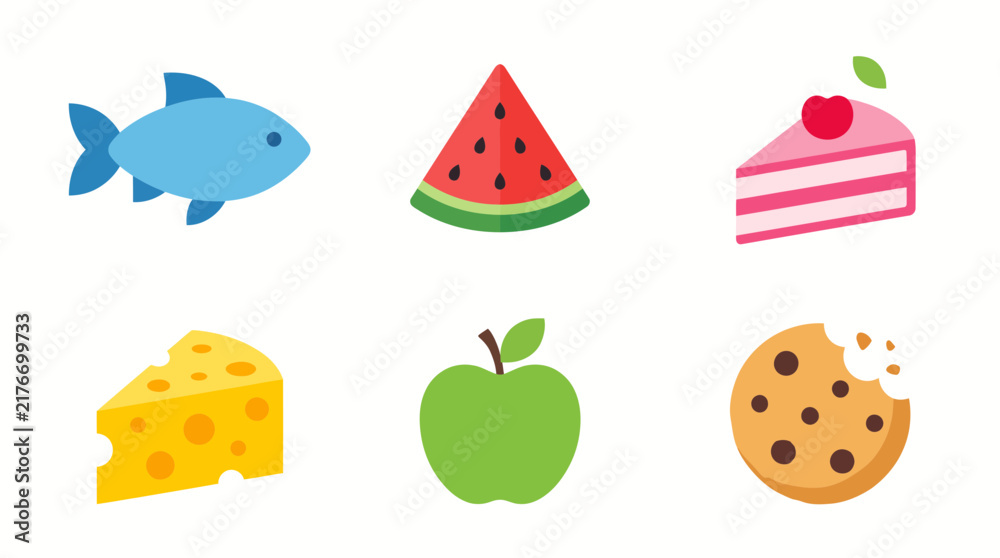 Fototapeta premium Cute flat vector icon set of food items including fish, watermelon, cheese, cake, green apple, and cookie