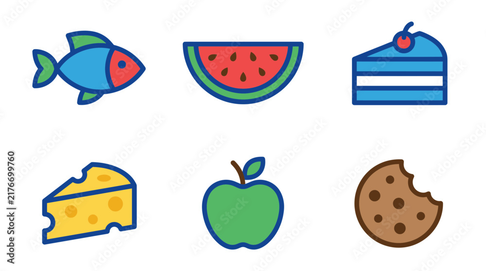 Fototapeta premium Cute flat vector icon set of food items including fish, watermelon, cheese, cake, green apple, and cookie
