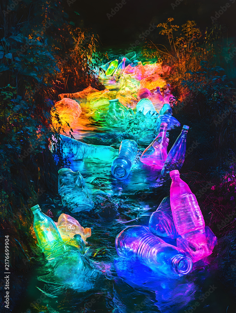 Obraz premium Digital illustration of jewel-toned plastic bottles floating in glowing stream water