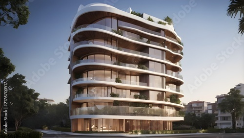 Stunning modern luxury residential building with unique curved balconies and organic architectural design in an urban setting