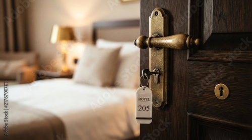 Antique brass door handle with key and room number tag in a luxury hotel suite interior setting