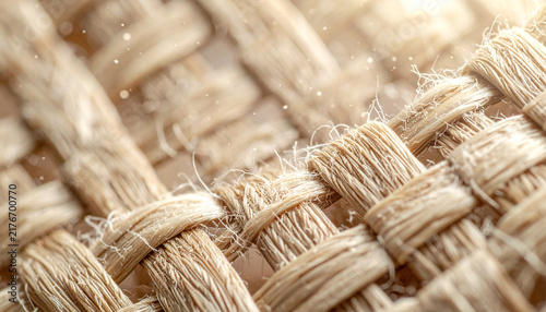 Woven Threads: A close-up macro shot reveals the intricate weave and textured fibers of natural burlap fabric, catching the light and highlighting its rustic charm.