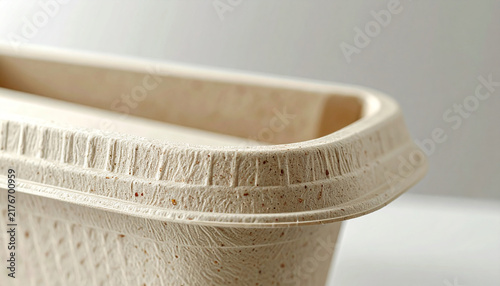 Eco-friendly container close-up: A macro shot reveals the textured detail and natural material of an earth-tone takeaway food container, highlighting sustainable packaging options.