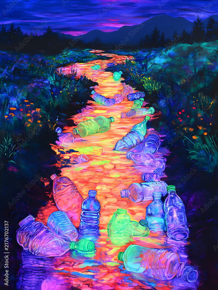 Obraz premium Digital painting of neon plastic pollution flowing through mountain landscape at night