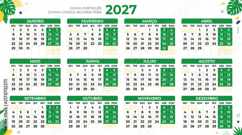 Foto Calendário 2027 completo em português com semana começando na segunda feira desi