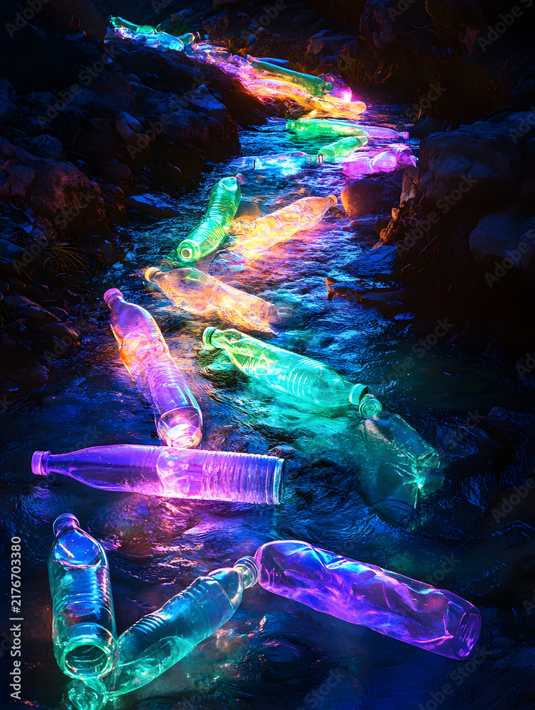 Obraz premium Digital illustration of colorful plastic bottles scattered in rocky mountain stream