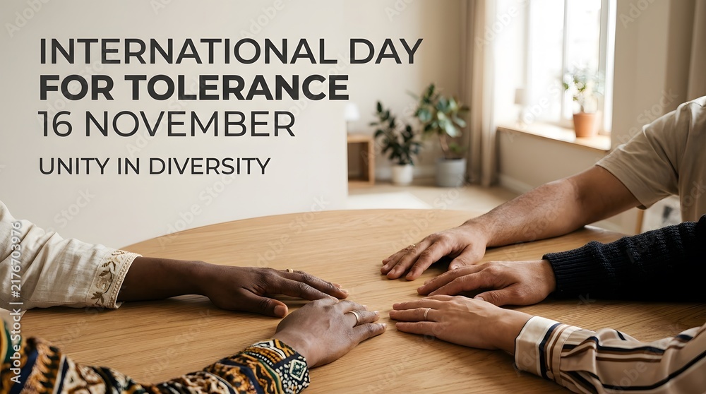 Fototapeta premium Diverse group of people holding hands together on a wooden table, international day for tolerance concept