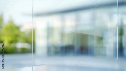 Large transparent glass panels reflecting a blurred modern office building exterior with soft natural lighting and bright green trees in the background during a beautiful clear day in the city.
