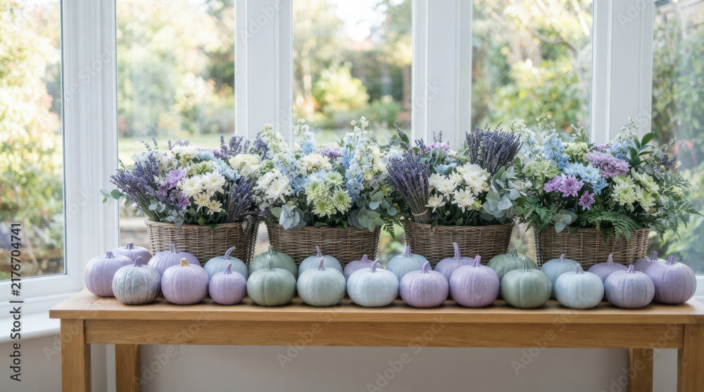 Fototapeta premium Pastel pumpkins and floral arrangements displayed on a wooden table indoors