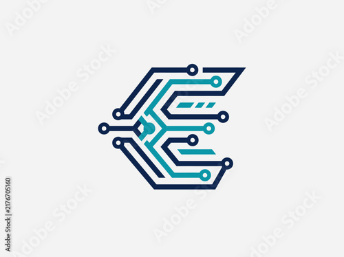 Abstract Digital Circuitry Letter E Logo Design Technology Concept
