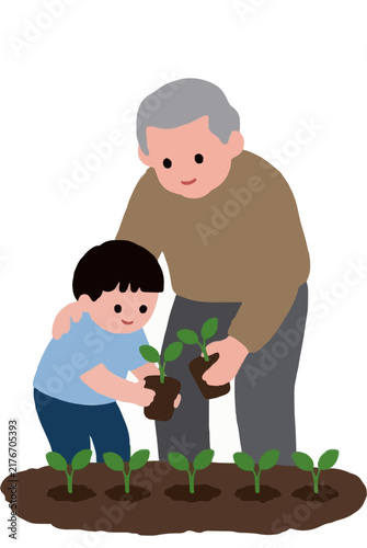 Adorable hand-drawn vector illustration of grandparent and child gardening together, planting young seedlings in soil, intergenerational bonding, family activity, warm pastel colors, flat design style