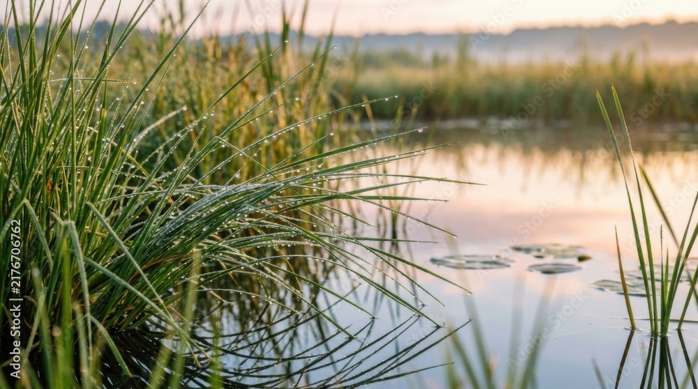 Fototapeta premium Peaceful marshland at sunrise with tall grass and calm water reflecting the sky.
