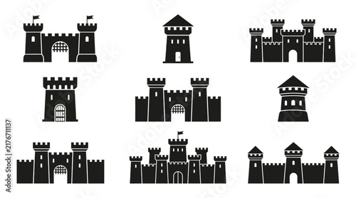 Black silhouette castle gate icons set.