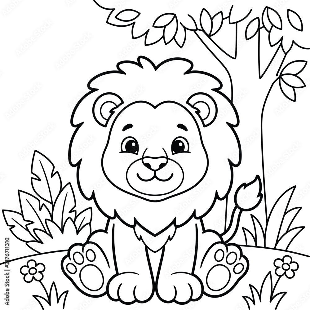 Obraz premium Cute lion cub coloring page for children sitting in a savanna with a tree and tropical plants.