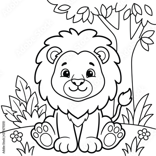Cute lion cub coloring page for children sitting in a savanna with a tree and tropical plants.