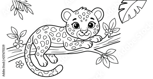 Cute baby leopard coloring page illustration for children's educational activity in a jungle setting.