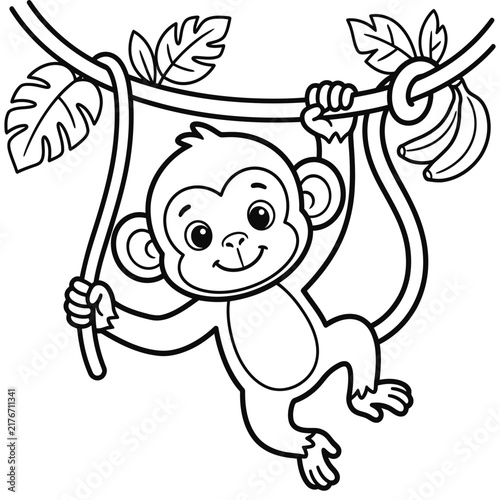 Happy little monkey hanging on a branch with a banana bunch cartoon line art coloring page design.
