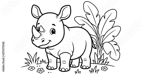 Young rhinoceros standing in grassy field with tropical plants: outline coloring book drawing.