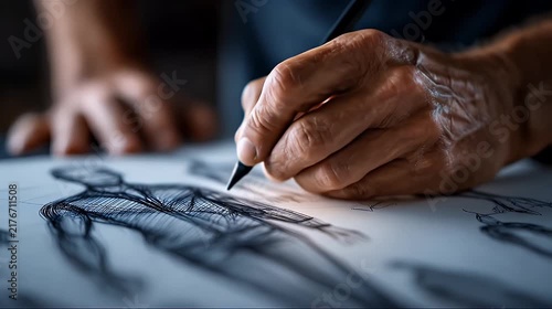 A professional artist's hand intricately sketching a human anatomical figure on paper with a black ink pen.