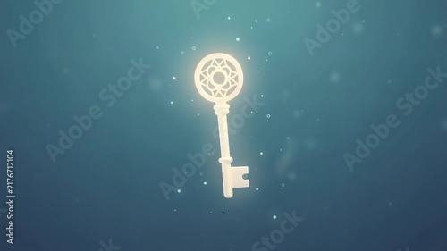 A glowing key illuminated in blue water, surrounded by floating particles, creating a mystical underwater atmosphere