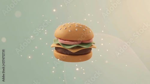 A floating stylized hamburger with layers of cheese, lettuce, tomato, and sesame seed bun against a soft background