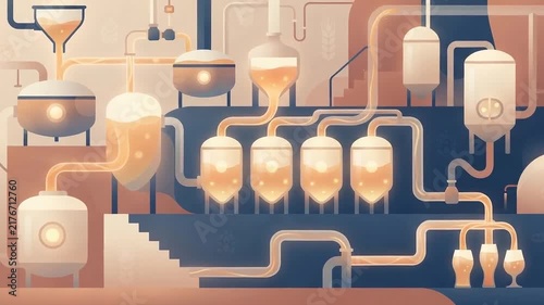 Stylized industrial brewing process featuring interconnected tanks and pipes in warm colors