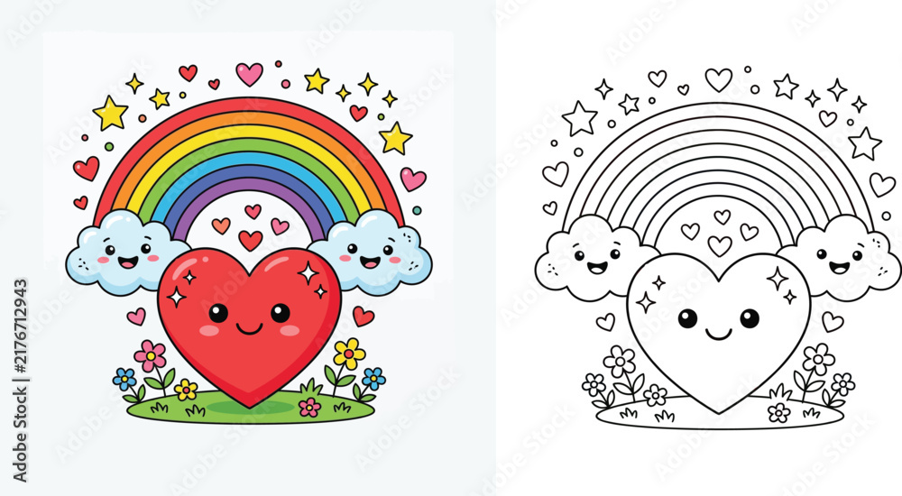 Obraz premium Cute cartoon heart character with a smiling face, vector illustration including color and black and white line art versions for coloring book activity page.