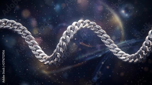 Close-up of a twisting metallic chain against a cosmic background with sparkling lights and a dark atmosphere