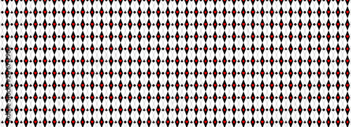 black-and-white geometric harlequin pattern features repeating vertical diamonds containing tiny playing card suit symbols, including spades, hearts, diamonds, and clubs.