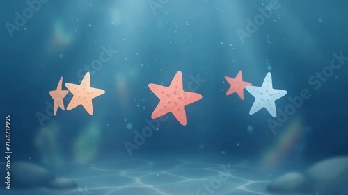 Underwater scene featuring vibrant starfish in shades of pink and blue, illuminated by dappled sunlight from above
