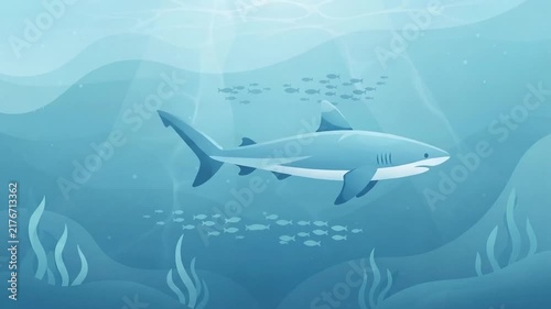 Stylized shark swimming gracefully underwater in a serene blue ocean environment with gentle waves and aquatic plants