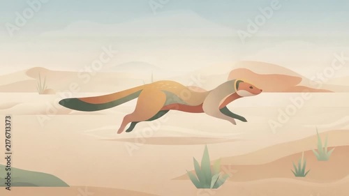 A stylized illustration of a vibrant animal running across a sandy landscape with minimal vegetation and soft colors