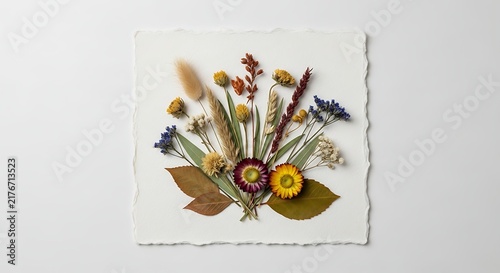 Beautiful Dried Flower Arrangement Crafted with Natural Botanicals and Leaves on Light Textured Paper Background