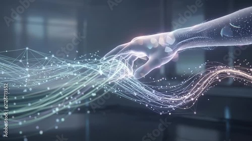 Futuristic hand reaching out towards digital data streams with glowing particles in a modern space