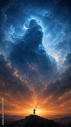 Mystical Lord Shiva Meditating in Cosmic Blue Clouds Above a Lone Figure at Glowing Sunset Horizon