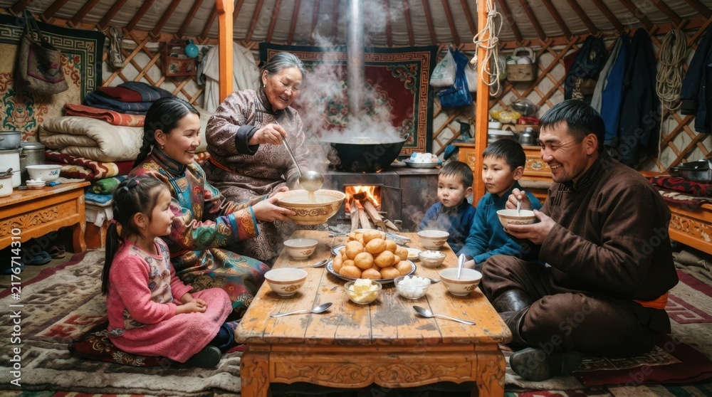 Fototapeta premium Mongolian family shares a warm meal inside a traditional yurt during winter
