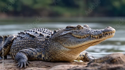 Large Crocodile Basking on a Sandy Riverbank in Its Natural Habitat.