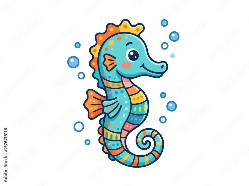 Obraz premium Colorful Cartoon Seahorse with Bubbles.