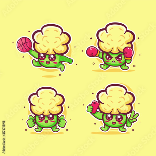 kawaii cauliflower characters illustration set featuring basketball dunk, boxing sport, thumb up pose, and taking a selfie.
