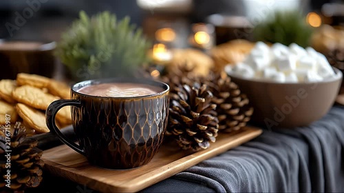 Steaming Hot Cocoa with Marshmallows and Cookies in a Cozy Winter Setting.